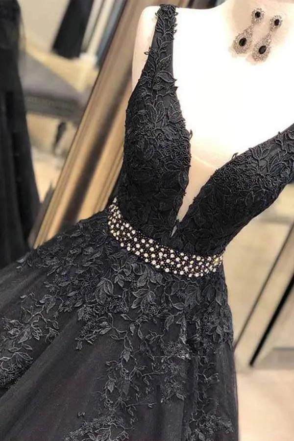 A-line V Neck Open Back Black Long Prom Dress with Beading PG713