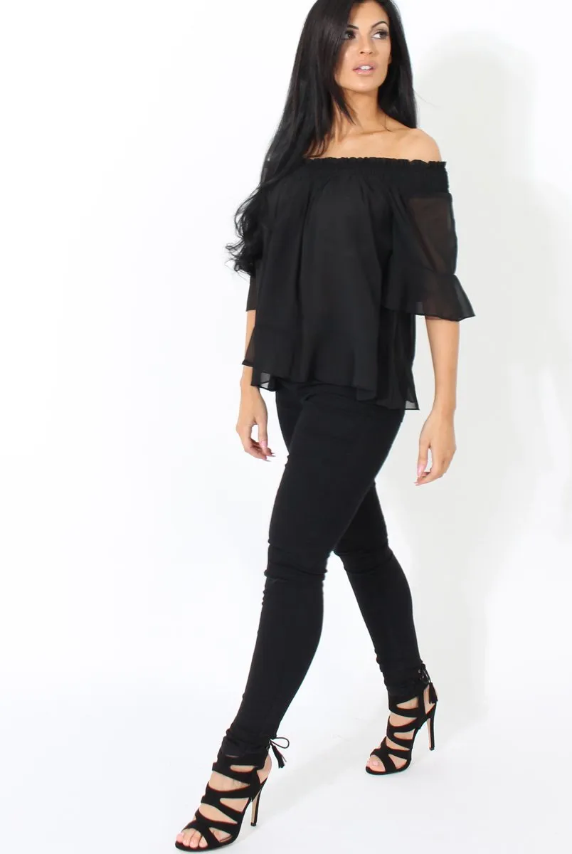 Black Bardot Frill Sleeve Top- Becka