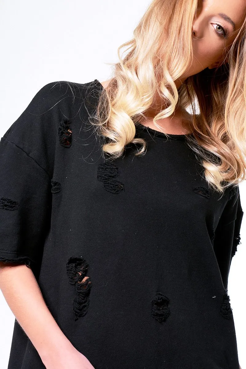 Black Distressed Detail Short Sleeved Jumper Dress - Cammie