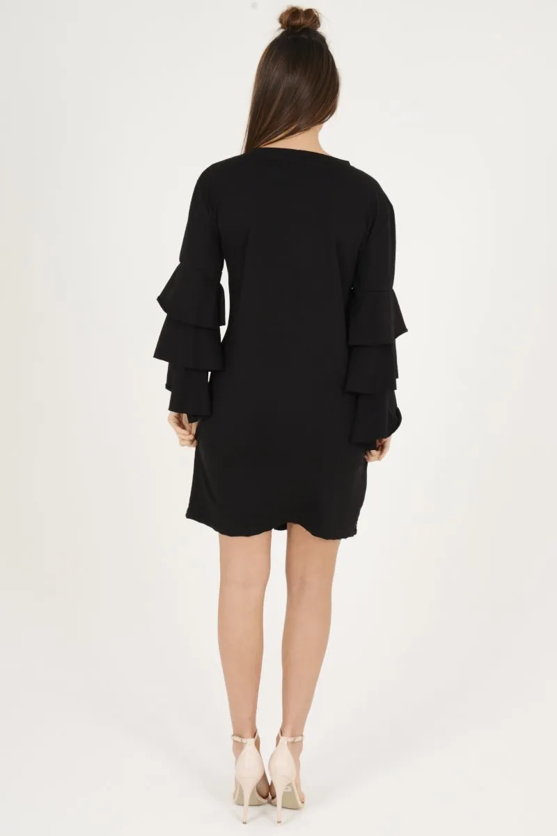 Black Frilled Sleeve Swing Dress - Aaria