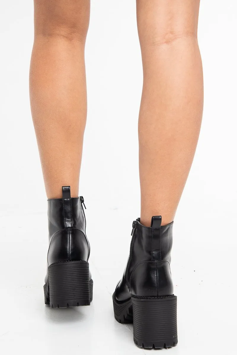 Black PU Lace Up Platform Block Heel Boots - Tiane