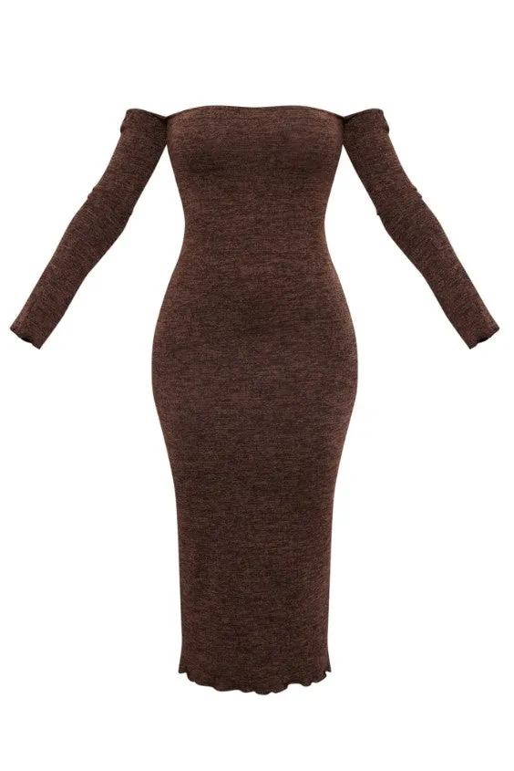 Chocolate Brushed Jersey Bardot Midaxi Dress