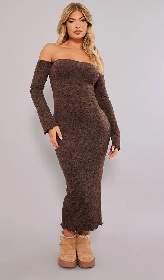 Chocolate Brushed Jersey Bardot Midaxi Dress