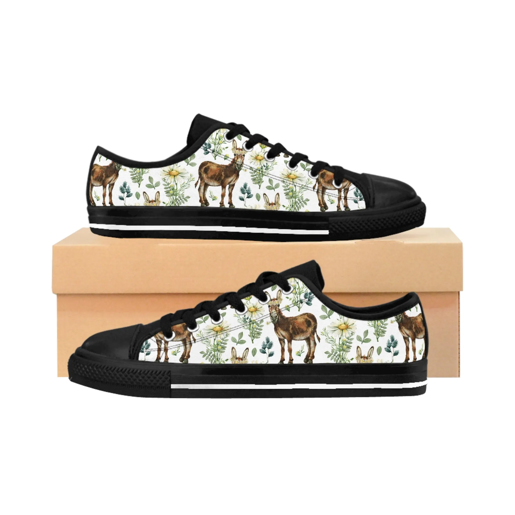 Donkey in Nature with Windmill Flower Women's Sneakers
