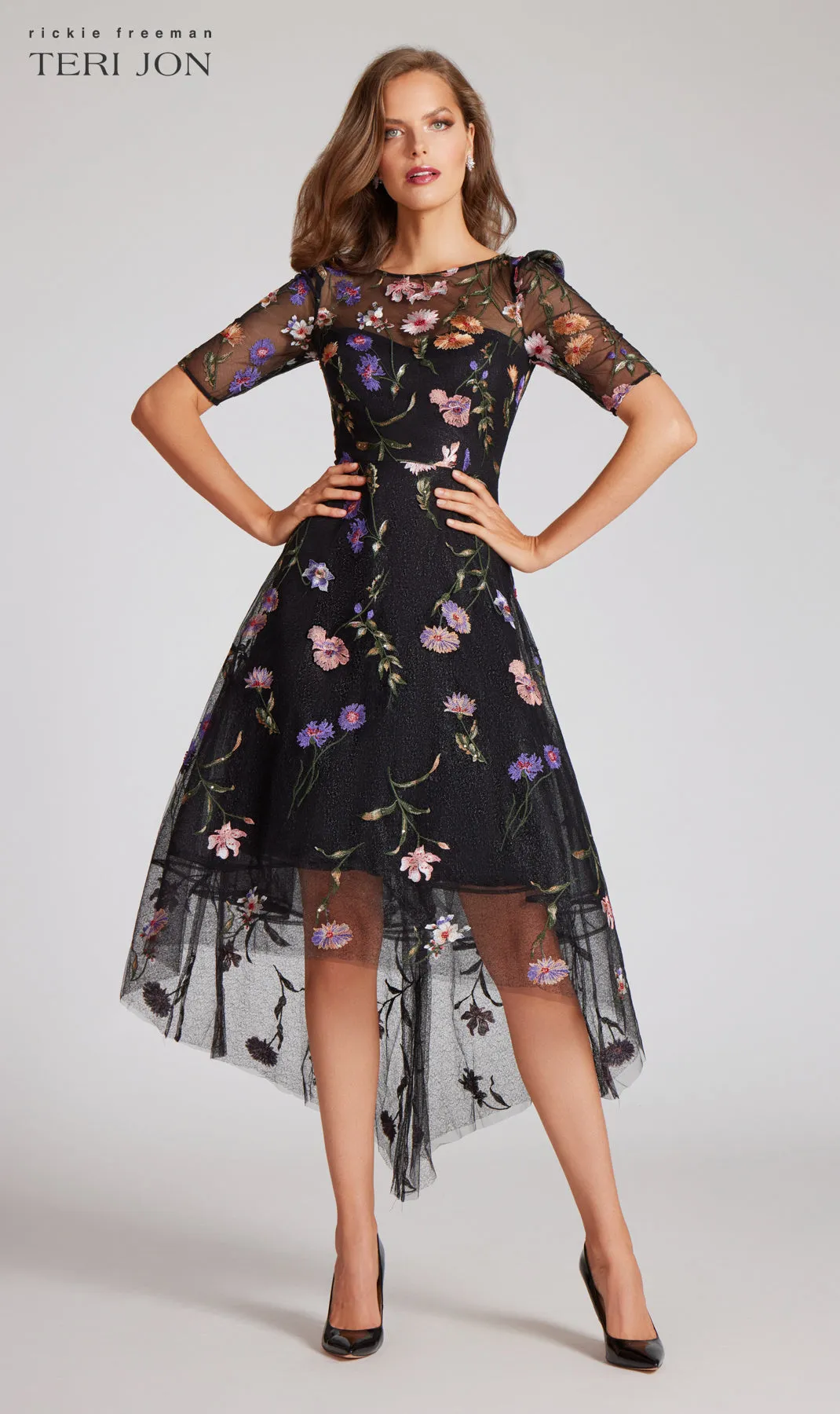 Embroidered Floral Tulle Fit and Flare Dress