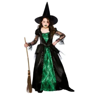 Girls Deluxe Emerald Witch  Scary Halloween Fancy Dress