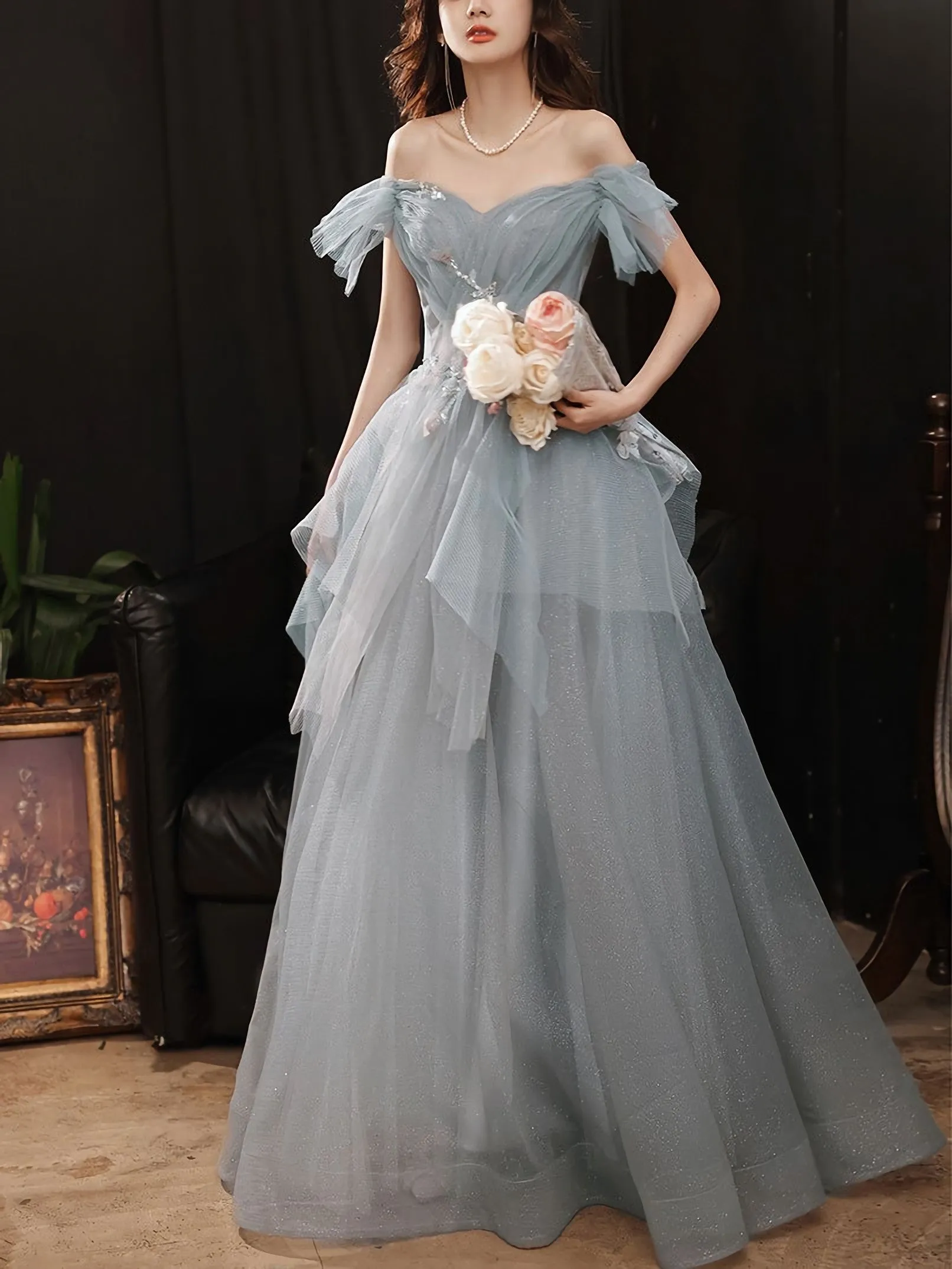 Gray Blue Sweetheart Neck Tulle Long Prom Dress Gray Evening Dress