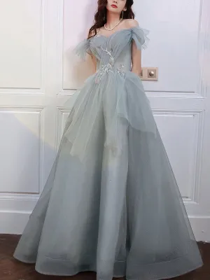 Gray Blue Sweetheart Neck Tulle Long Prom Dress Gray Evening Dress