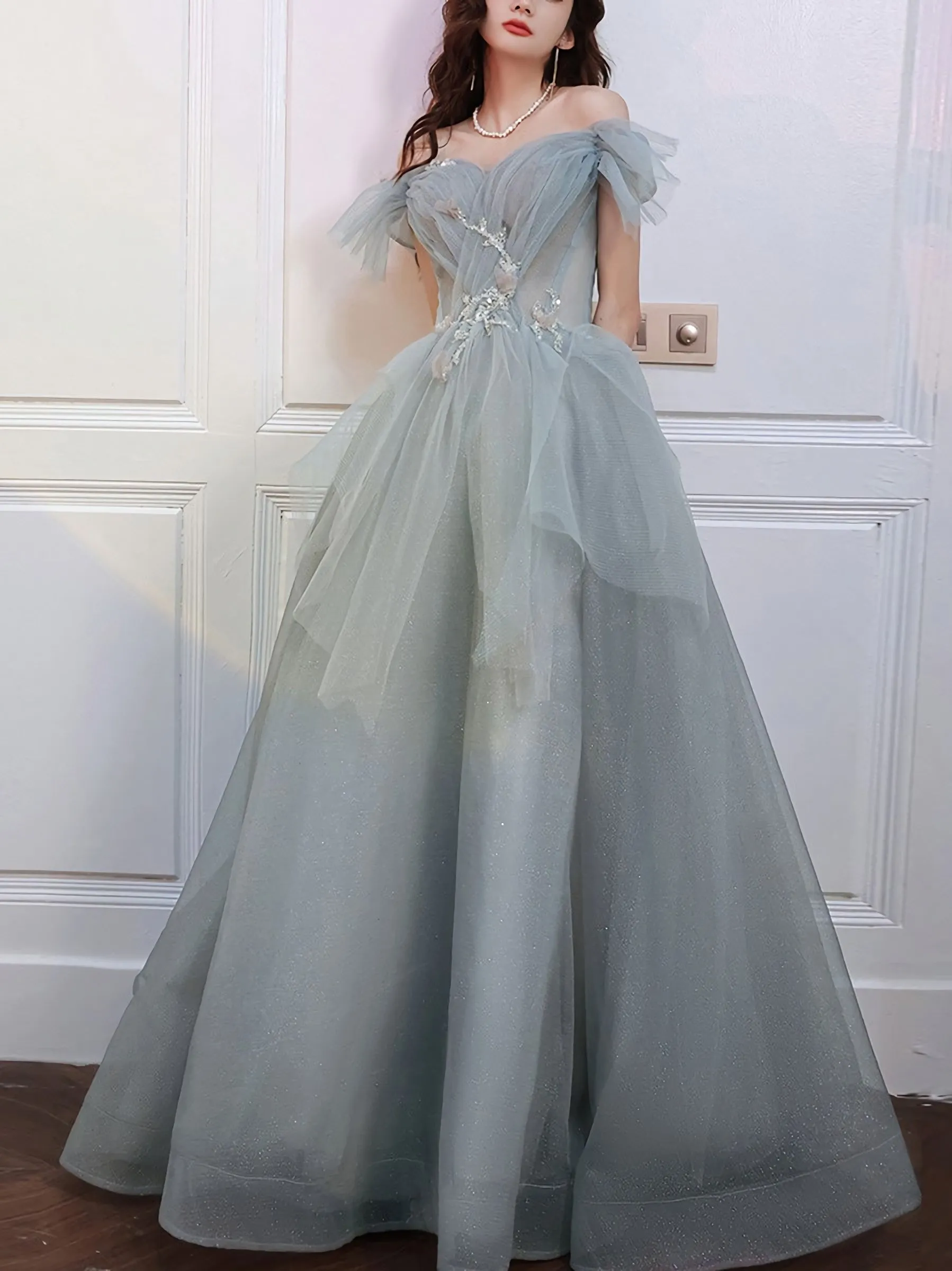 Gray Blue Sweetheart Neck Tulle Long Prom Dress Gray Evening Dress