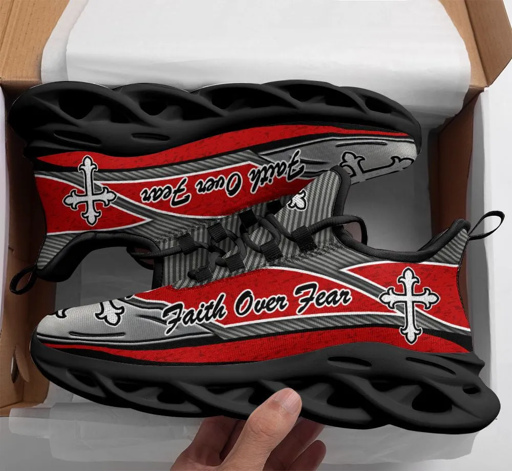 Jesus Faith Over Fear Red And Black Running Sneakers Max Soul Shoes - Christian Shoes For Men And Women