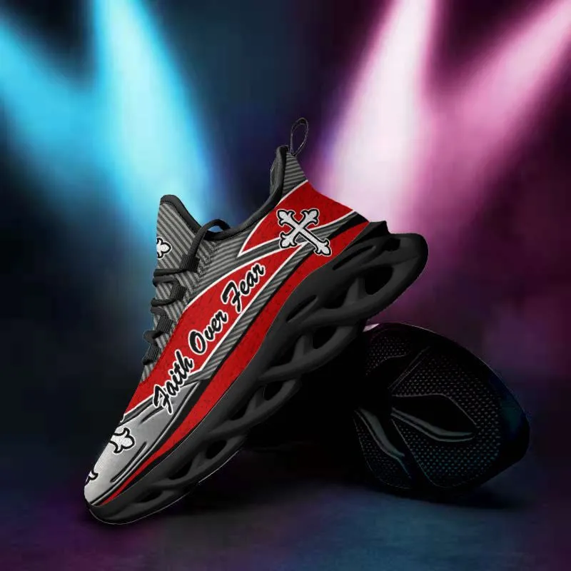 Jesus Faith Over Fear Red And Black Running Sneakers Max Soul Shoes - Christian Shoes For Men And Women