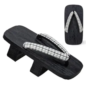 Men Black Two Teeth Geta Wooden Sandals 【White Check】
