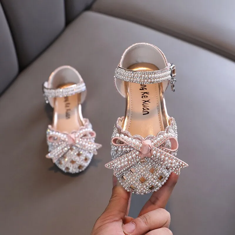 New pearl flat sandals for girls princess rhinestone party sandals