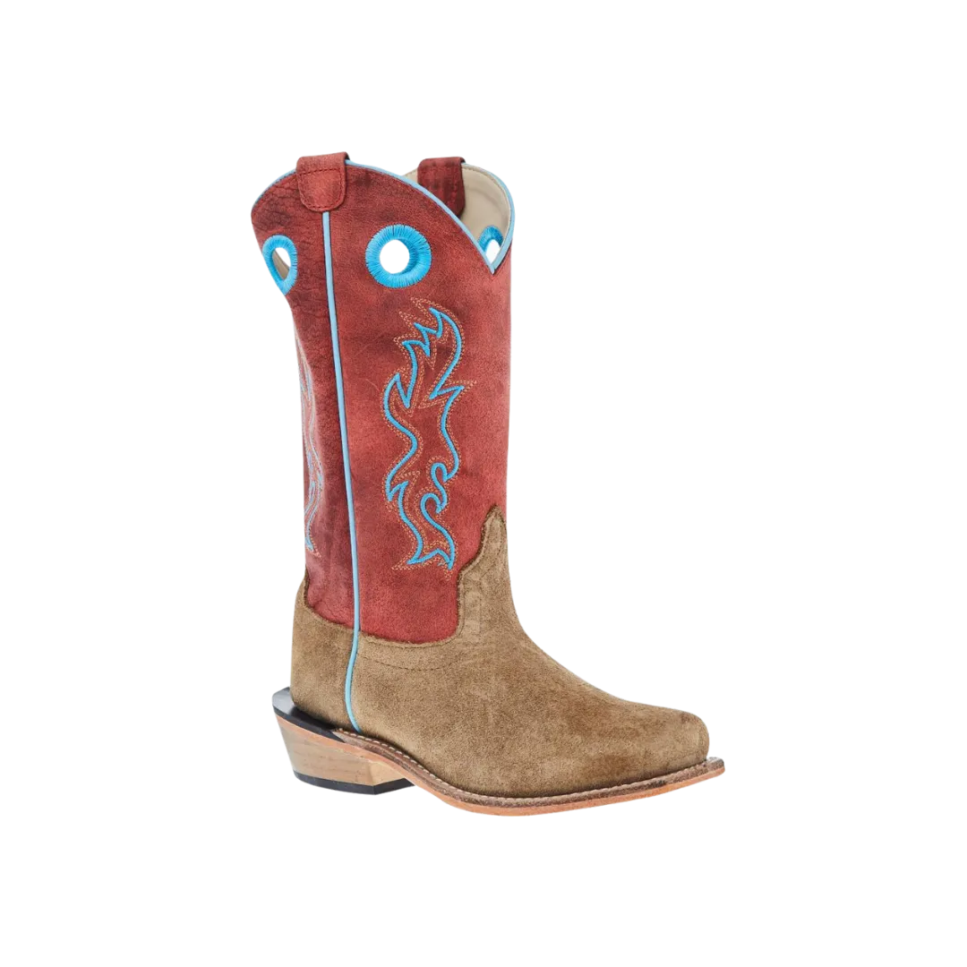 Old West Kid's Camel Suede Cutter Toe With Shaft Leather Sole Cloudy Red Boots
