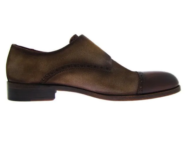 Paul Parkman Double Monkstrap Captoe Dress Shoe- Brown/ Beige Suede Upper And Leather Sole
