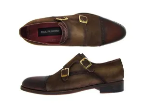 Paul Parkman Double Monkstrap Captoe Dress Shoe- Brown/ Beige Suede Upper And Leather Sole