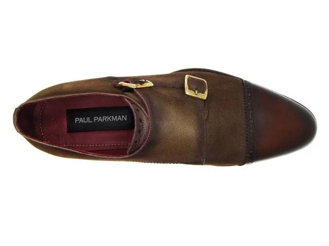 Paul Parkman Double Monkstrap Captoe Dress Shoe- Brown/ Beige Suede Upper And Leather Sole