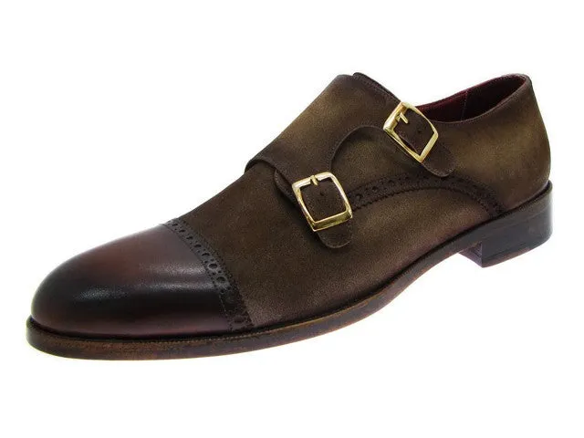 Paul Parkman Double Monkstrap Captoe Dress Shoe- Brown/ Beige Suede Upper And Leather Sole