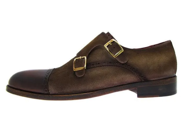Paul Parkman Double Monkstrap Captoe Dress Shoe- Brown/ Beige Suede Upper And Leather Sole
