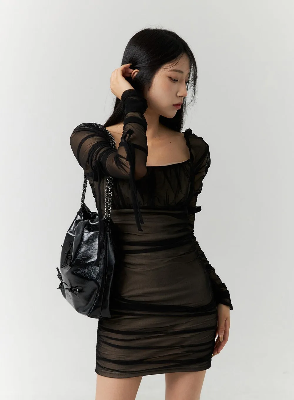 Ribbon Chain Faux Leather Shoulder Bag CN317