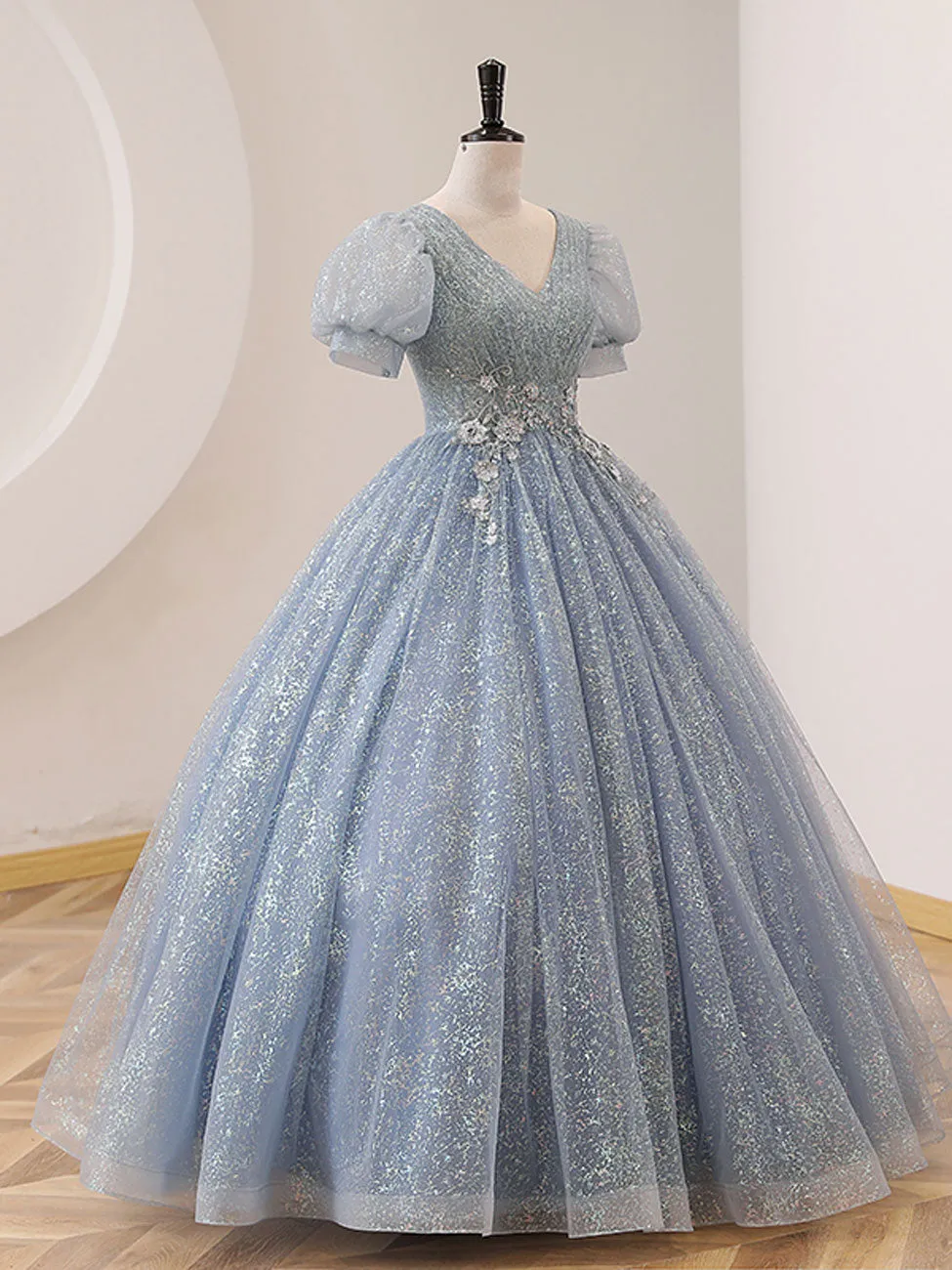 V Neck Tulle Sequin Gray Blue Long Prom Dress, Gray Blue Formal Sweet 16 Dress